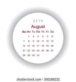 Calendar August 2016 vector design. Week starts from Sunday. icon, vector illustration. Modern design. Flat design style
