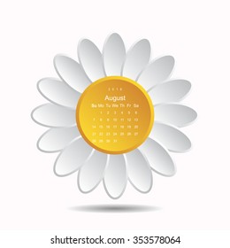 Calendar August 2016 vector design. Week starts from Sunday. icon
