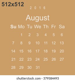 Calendar August 2016 vector design. Week starts from Sunday.