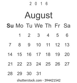 Calendar August 2016 vector design. Week starts from Sunday.