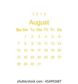 Calendar August 2016 vector design. Week starts from Sunday.