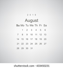 Calendar August 2016 vector design. Week starts from Sunday.