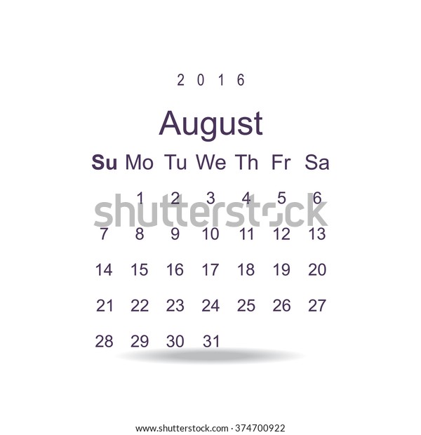 Calendar August 16 Vector Design Week Stock Vector Royalty Free