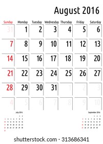 Calendar August 2016. vector planning calendar template