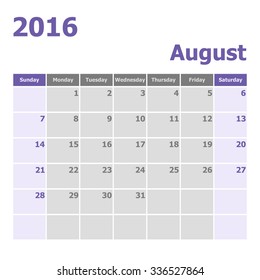 Calendar August 2016 week starts from Sunday, stock vector