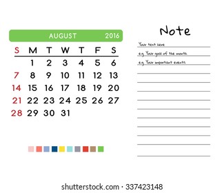 Calendar for August 2016. Week Starts Sunday. Clean and Simple Vector Template with pan tone color palette