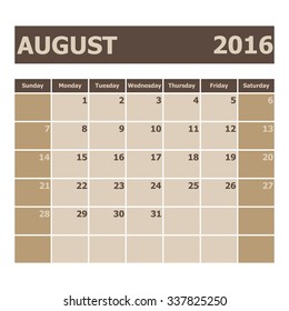 Calendar August 2016, week starts from Sunday, stock vector
