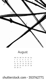 Calendar for August 2016 . Week starts on Monday . Ready to print . Drawn Grayscale spot illustration. Full Vector EPS 10 .