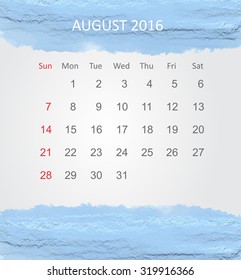 Calendar for august 2016.Vector illustration.
