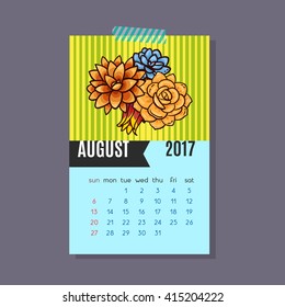 Calendar for August 2017 of cacti, succulents in a contemporary style on a blue background and patterns. Vector.