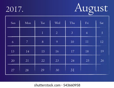 Calendar for August 2017. August 2017 Calendar Icon Vector flat design style