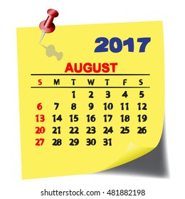 Calendar August 2017 on Note Paper. Yellow paper sheet with shadow. Vector image.