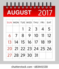 Calendar of August 2017 on white background - illustration - Vector EPS 10

