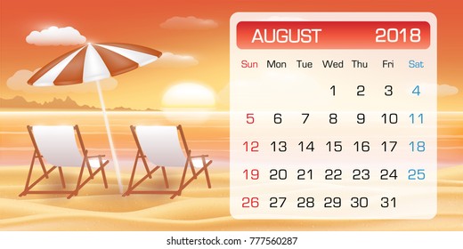 calendar of August 2018 with chair on sunset beach