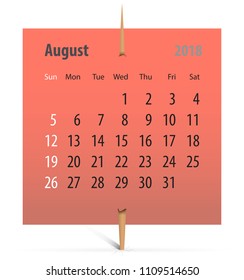 Calendar for August 2018 on a sticker attached with toothpick. Vector illustration