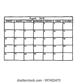 calendar August 2018 - vector illustration sketch hand drawn with black lines, isolated on white background