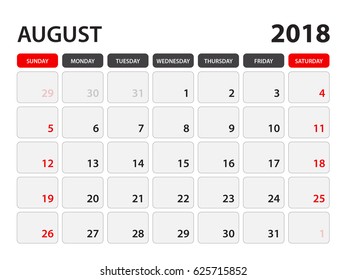 calendar for August 2018, Week Starts on Monday