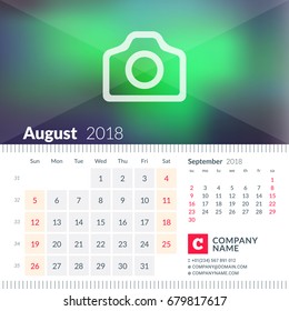 Calendar for August 2018. Week starts on Sunday. 2 months on page. Vector design template with place for photo.