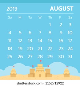 Calendar for August 2019 with sand castle theme