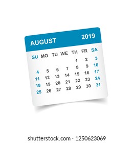 Calendar august 2019 year in paper sticker with shadow. Calendar planner design template. Agenda august monthly reminder. Business vector illustration.