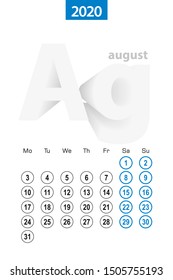 Calendar for August 2020, blue circle design. English language, week starts on Monday. Vector template.