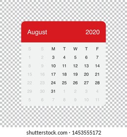 Calendar August 2020 Clean Minimal Table Simple Design. Basic Grid with a light grey background. Week Starts on Monday.