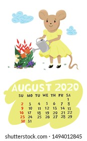 Calendar for August 2020 with a mouse watering flowers. Vector graphics.