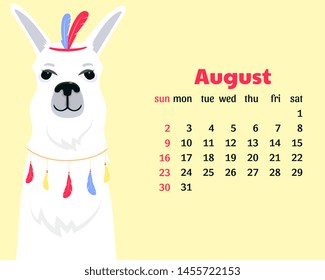 Calendar for August 2020 from Sunday to Saturday. Cute llama. Alpaca cartoon character. Funny animal.