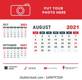 Calendar for August 2021. Week starts on Sunday. Calendar template design with Place for Photo and Company Logo. Vector illustration.