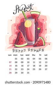 Calendar August 2022. Glass with watermelon and lemon. For print on demand, magazines and newspapers, book covers.