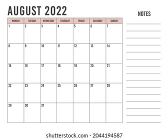 Calendario de agosto de 2022 con un diseño de paisaje sencillo
