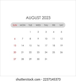 Calendar for august 2023 in a minimalist style. Vector