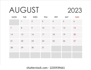 Calendar for August 2023 in a minimalistic style.Starting from Monday.