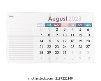 Calendar August 2023 on a white background. Vector illustration.