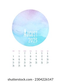 Calendar August 2023 with watercolor blue pink circle. Vector illustration