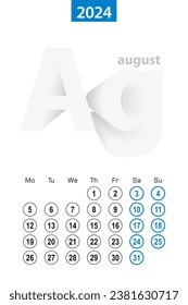 Calendar for August 2024, blue circle design. English language, week starts on Monday. Vector template.