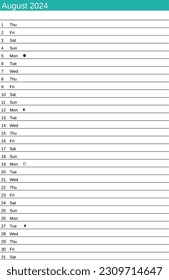 calendar of August 2024 in English language