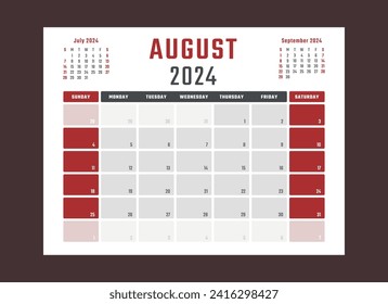 calendar for august 2024 starts sunday, vector calendar design august 2024 year