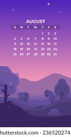 Calendar august 2024 with summer night twilight. Summer night purple landscape illustration