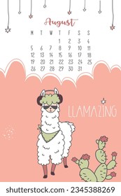 Calendar for August 2024, week from Monday to Sunday. Fashion llama with glasses and headphones. Cute Alpaca cartoon character. scandinavian style. Funny animal. Vector illustration