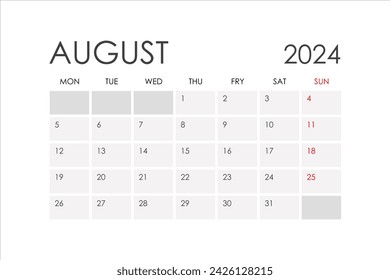 Calendar for August 2024. The week starts on Monday. Glider