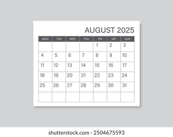 Kalender August 2025 Symbol im flachen Stil. Planer, Vektorgrafik auf einzelne Hintergrund. Kalenderzeichen Geschäftskonzept.