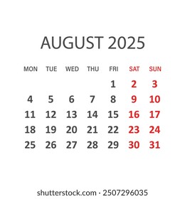 Calendar august 2025 icon in flat style. Planner vector illustration on isolated background. Calender sign business concept.