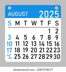 Calendar August 2025 icon in flat style. The week begins on Sunday, with concepts of time, planning, and scheduling, along with a removable calendar for the month. Flat design. 