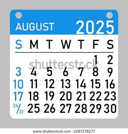 Calendar August 2025 icon in flat style. The week begins on Sunday, with concepts of time, planning, and scheduling, along with a removable calendar for the month. Flat design. 