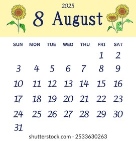 Calendar for August 2025 starting on Sunday