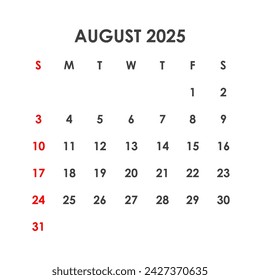 Calendar for August 2025. The week starts on Sunday.