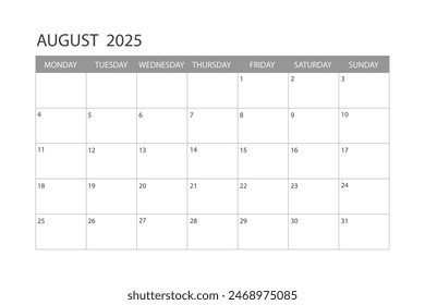 Calendar for August 2025. The week starts on Monday.