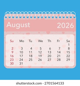 Kalender für August 2026 mit Herzmustern auf hellblauem Hintergrund. EPS 10