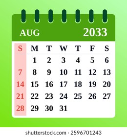 Calendar August 2033. August blends warm summer days with productivity. Set new goals, stay motivated, and make the most of this vibrant month. Vector illustration

